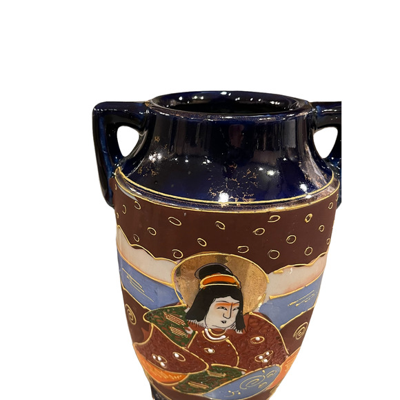 Vintage Japanese Hand Painted Moriage Vase 7" Tall Blue Brown With Handles - Picture 3 of 8